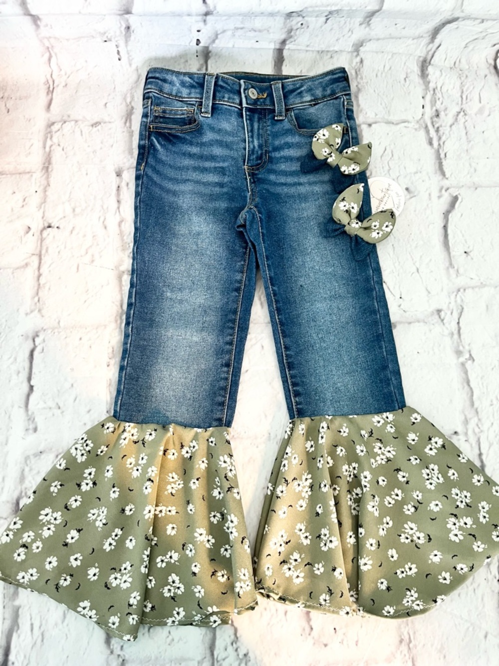 Girls Size 6 Flare Jeans Olive Green Floral Bell Bottoms upcycled denim
